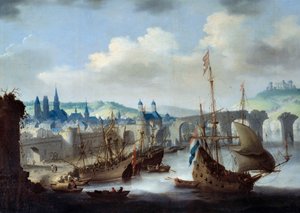 Uitzicht op de stad Rouen De schepen liggen aangemeerd aan de oevers van de Seine. Schilderij door Claude de Jongh