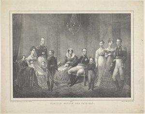 Familieportret van Willem I Frederik, koning der Nederlanden, Wilhelmina van Pruisen, hun zoons met echtgenotes, hun dochter en vier kleinkinderen door Claudio Linati