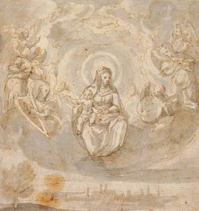 Maagd Maria met het kind Jezus, zittend op wolken omringd door engelen