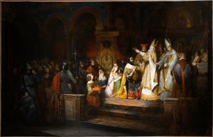 Karel de Grote gekroond tot koning van Italië door paus Adrianus I in Milaan, 774