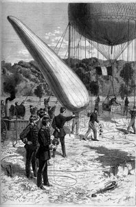 Militaire aerostaten: telefonische ervaringen in de vestiging van Meudon. Gravure door Claverie in "Le Monde Illustré" nr. 1331 van 30 september
