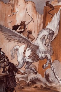 De geschiedenis van Bellerophon: Bellerophon op zijn paard Pegasus doodt de Chimera. Illustratie door Clement Gontier (1876-1918) voor Homeros