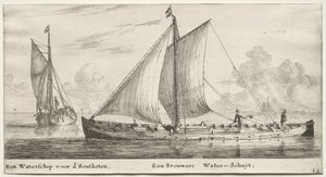 Verschillende schepen en uitzichten van Amsterdam, deel II: Een waterschip op weg naar de Soutketen. Een brouwerswaterschip door Clement de Jonghe
