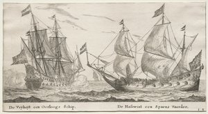 Verschillende schepen en uitzichten van Amsterdam, Deel II: De Vrijheid, een oorlogsschip. De Wolfshond, een Spaans schip