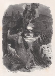 Nacht, vignet van meisje in 18e-eeuws kostuum dat rozen plukt op verso, ca. 1830-65