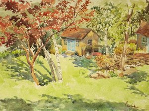 Het gele boothuis, 2015 (aquarel) door Clive Wilson