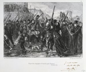 Frans-Duitse Oorlog 1870-1871: Slag bij Buzenval (Mont Valérien) nabij Versailles 19 jan 1871. Nationale Garde marcheert naar de slag en nederlaag. Uit een serie lithografieën door Clément Auguste Andrieux over de Nationale Gardes. door Clément Auguste Andrieux