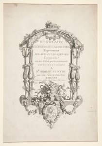 Titelpagina van Nouveaux Trophees ou cartouches representant les arts et les sciences door Clément Pierre Marillier