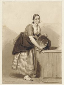 Jonge vrouw, een koperen bak schoonmakend