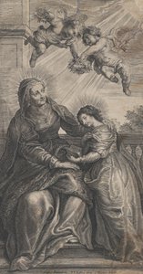 De opvoeding van de Maagd, met Sint Anna en de Maagd Maria lezend met twee personen door Coenrad Waumans
