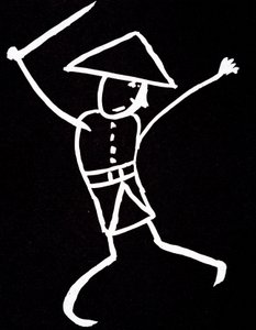 Personage met hoed, uniform en vleugels. Anime tekening door Emile Cohl (1857-1938) in wit op zwart.