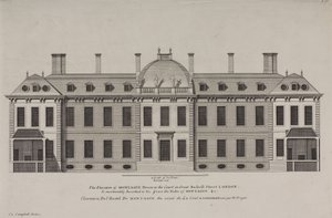 Elevatie van Montague House naar het hof van Great Russell Street, Holborn, c.1725 (gravure) door Colen Campbell