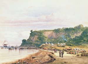 Landing van de Britse en Franse troepen bij Varua aan de Zwarte Zee vanaf H.M.S. Bellerophon, 17 juli 1854 in de Krimoorlog
