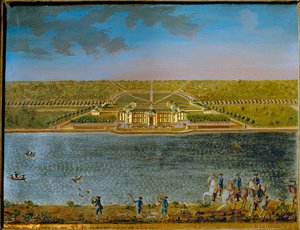 St. Hubert, een jachtslot bij Parijs, gebouwd door Lodewijk XV ... (rechthoekige tinnen plaquette, verguld en gegoupeerd)