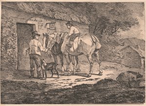 Paarden bij de Deur van een Huisje door Conrad Gessner