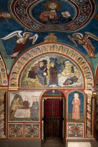 Verschillende episodes uit het leven van Sint-Benedictus: in het midden Het wonder van Sint-Placide Sint-Benedictus van Nursia, dankzij de tussenkomst van Sint-Maur, zijn eerste discipel, redt de jonge Placide die in de stroom van een meer is gevangen. Hie door Consolo