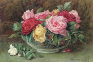 Stilleven met een kom roze, gele en rode rozen, 1883 door Constance Lawson