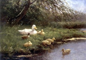 Een familie eenden bij een rivier door Constant Artz