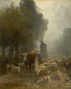 Naar de Markt op een Mistige Ochtend, 1851 door Constant Emile Troyon