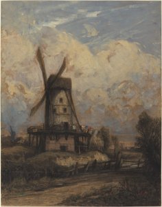 Een Windmolen tegen een Bewolkte Lucht door Constant Troyon