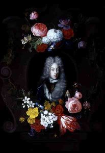Een portret van een man omringd door een bloemenkrans