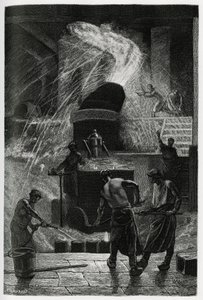 Het gieten van staal bij de Cockerill-vestigingen in Seraing. Gravure door C.Meunier ter illustratie van het verhaal 