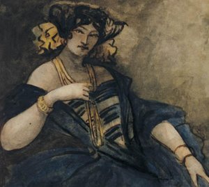 Zittende, elegant geklede vrouw, halve figuur