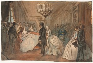 De keizerin Eugénie ontvangt het diplomatieke corps na de geboorte van de keizerlijke prins, 1800s door Constantin Guys