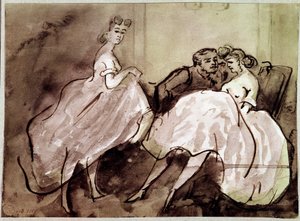 Twee prostituees en een verleidingsscène klant in een bordeel. Tekening door Constantin Guys (1805-1892) 19e eeuw Parijs, Musee Carnavalet door Constantin Guys