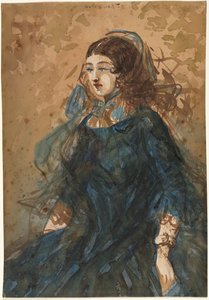 Vrouw in een blauwe jurk recto, oorlogskampement scène verso, 1855-1860 door Constantin Guys
