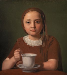 Deens:  En lille pige, Elise Købke, med en kop foran sig Portret van een klein meisje, Elise Købke, met een kop voor zich door Constantin Hansen