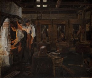 Het interieur van de oude hamermolen bij Hellebæk