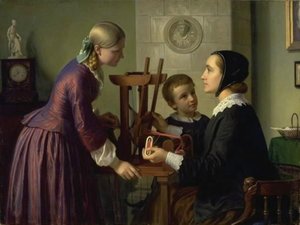 Een huisvrouw bij haar bandweefgetouw praat met twee kinderen door Constantin Hansen