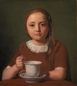 Portret van een klein meisje, Elise Købke, met een kopje voor haar, 1850