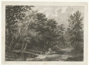 Bosgezicht met houten brug door Constantinus Cornelis Huysmans