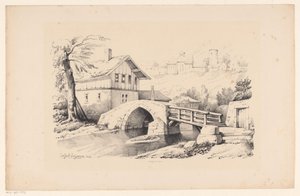 Brug en huis in heuvelachtig landschap door Constantinus Cornelis Huysmans