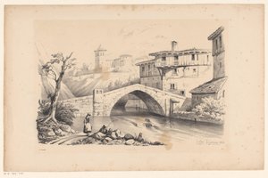 Brug over rivier in bergdorp door Constantinus Cornelis Huysmans
