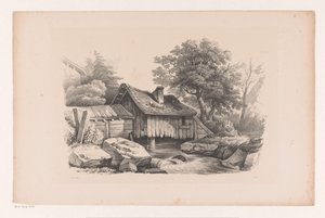 Houten huis boven rivier door Constantinus Cornelis Huysmans