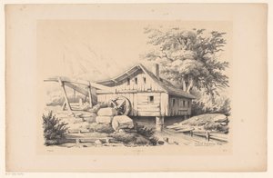 Watermolen in berglandschap