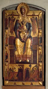 Maagd op de troon met het kind, twee engelen, de apostelen. De Aankondiging en de heilige vrouwen bij het graf. Laag reliëf polychroom hout door Coppo di Marcovaldo (attr.to)