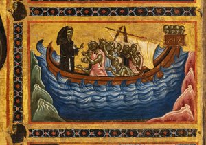 Bardi St. Franciscus altaarstuk en twintig verhalen uit zijn leven, De Bardi-kapel (detail van de heilige die een boot redt die Ancona had verlaten) door Coppo di Marcovaldo