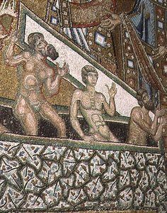 Het Laatste Oordeel, detail van de verdoemden die de hel binnengaan, van het gewelf boven de apsis