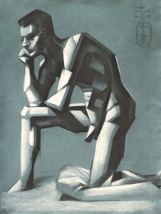 Knielende man met geometrische patronen