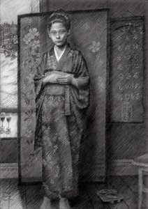 Een bedachtzame jongen in een kimono door Corné Akkers