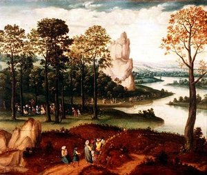 Een uitgestrekt bosrijk rivierlandschap met Johannes de Doper die predikt door Cornelis (after) Massys