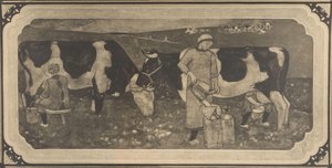 Fotoreproductie van ontwerptekening met boerinnen en koeien voor glas-in-loodraam door Richard Roland Holst door Cornelis Albertus Deul