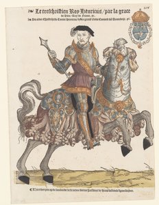 Portret van Hendrik II van Frankrijk in harnas te paard, naar rechts door Cornelis Anthonisz. (manner of)