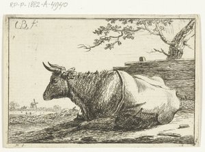 Landschap met liggende koe met dek op de rug