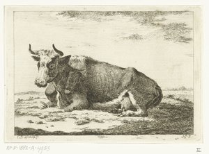 Landschap met liggende koe met horens door Cornelis  Bisschop