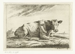 Landschap met liggende koe zonder horens (serie titel: Koeien) door Cornelis  Bisschop